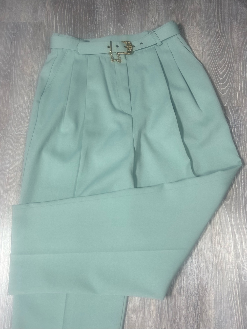 Vintage 80s Principles Petite Mint Green Pleated Tapered Pants Gold Belt Medium